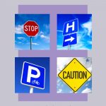 Environmental Print Examples: Stop sign, hospital sign, parking sign, and caution sign